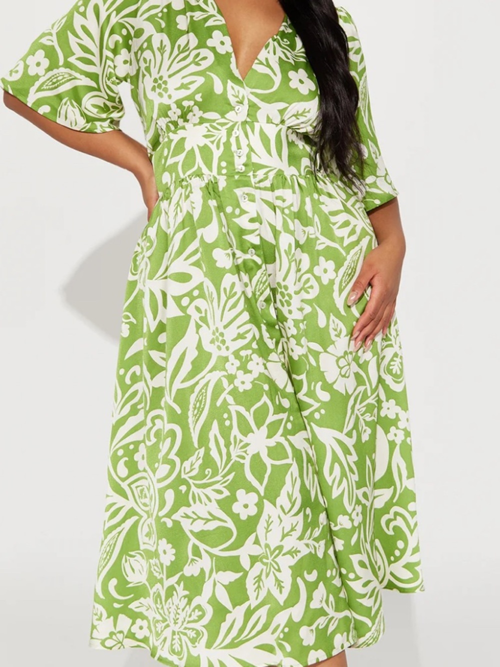 Cottagecore Green Floral Midi Dress-Flowy V-Neck Button Front
